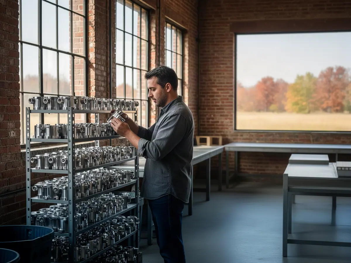 A small plant owner checking a rack of finished steel parts on the shop floor in bright morning light.
