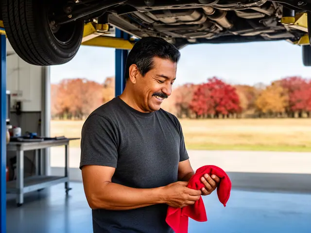 An auto-repair shop owner in a service bay under a lifted car.