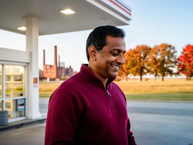 A gas station owner under a white canopy.