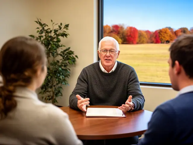 An insurance agent talking with a couple at a round table.