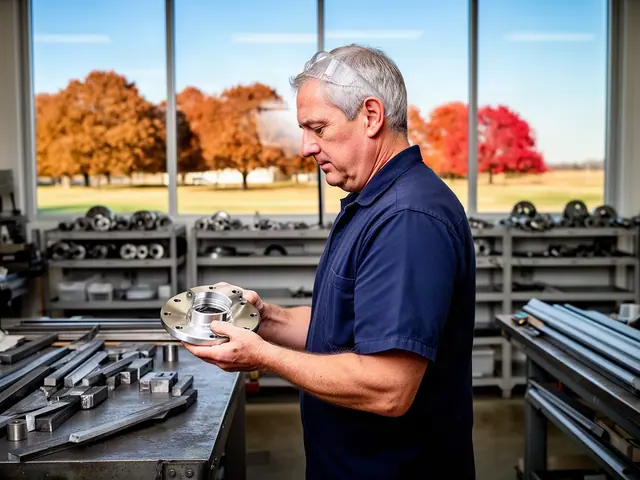 A machinist holding a machined steel part at a workbench.