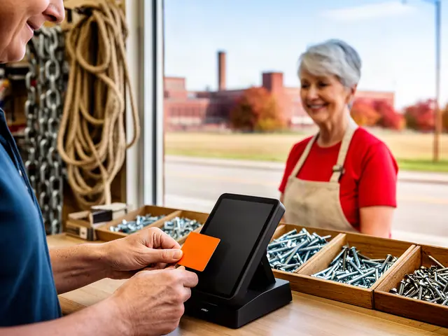 A customer taps a card on a counter terminal at a small hardware store.