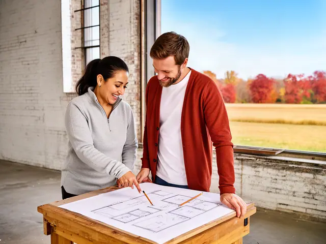 Two business partners looking over a pencil floor sketch in an empty storefront.
